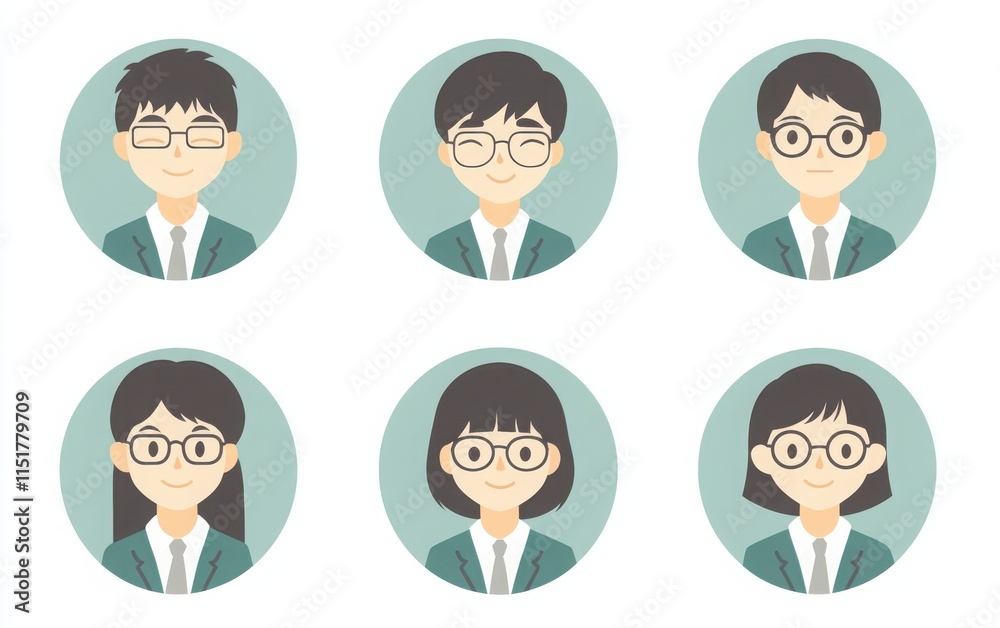 A set of simple round portrait icons of Japanese high school students in uniform, featuring short hair and glasses. A set of simple round portrait icons of Japanese high school students in uniform, featuring short hair and glasses.