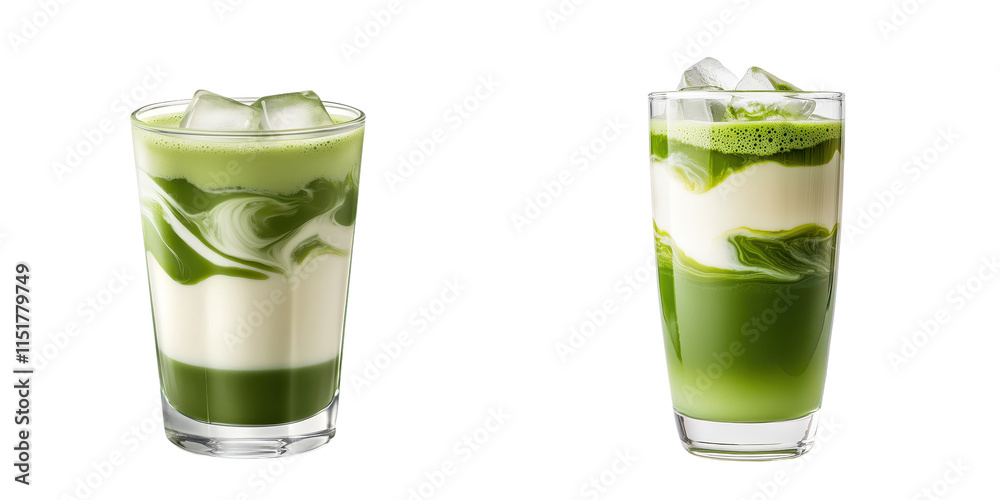 Iced matcha latte with swirling layers of green and cream, refreshing drink