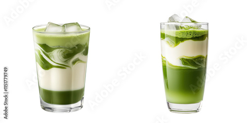 Obraz na płótnie Iced matcha latte with swirling layers of green and cream, refreshing drink w salonie