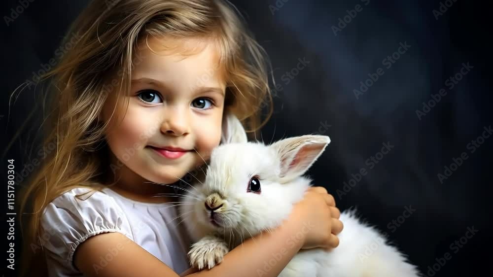 Girl lovingly hugs a fluffy white rabbit in a warm and cozy setting Girl lovingly hugs a fluffy white rabbit in a warm and cozy setting