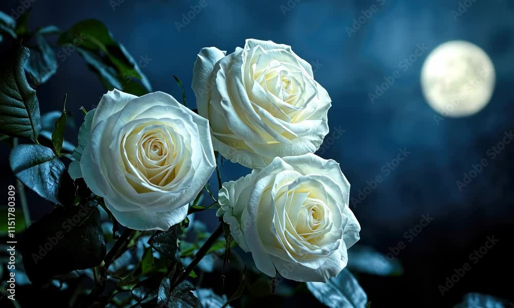 Three white roses with moonlit background, night scene