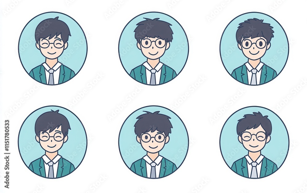 Simple round portrait icons depicting Japanese high school students with short hair and glasses, dressed in light blue shirts, grey ties, and green jackets. Simple round portrait icons depicting Japanese high school students with short hair and glasses, dressed in light blue shirts, grey ties, and green jackets.