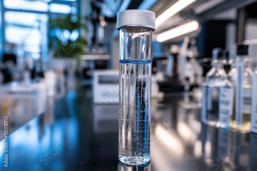 A clear laboratory bottle filled with a transparent liquid resting on a sleek dark surface, showcasing a blurred scientific setting in the background.