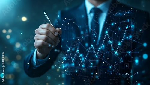 Businessman analyzing financial data, graphs, charts, and market trends using a digital pen.