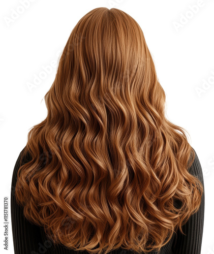 A woman with long brown hair is shown with her back to the camera. The hair is styled in a way that it is wavy and flowing. Scene is one of elegance and sophistication