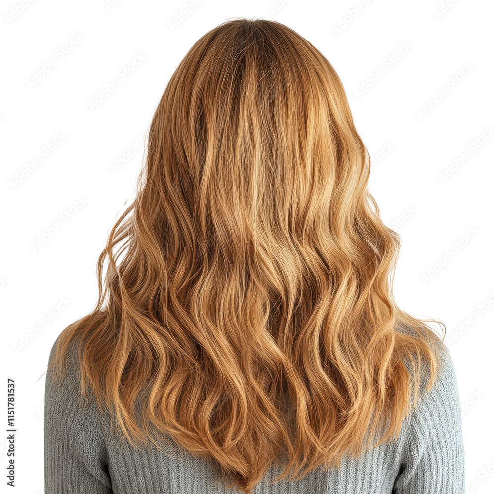 Naklejka premium A woman with long, wavy blonde hair is wearing a gray sweater. Concept of warmth and comfort, as the woman's hair is styled in a way that complements her outfit