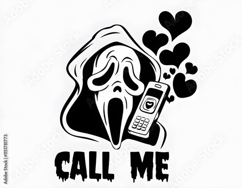 A black and white stylized illustration of Ghostface from the Scream movie series