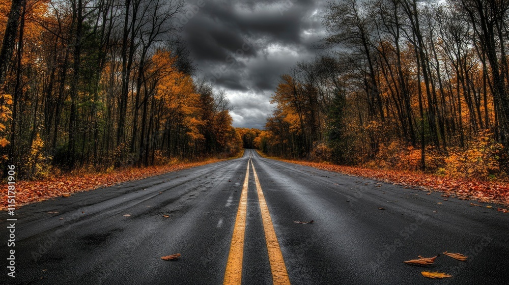 Fototapeta premium Autumn Road Through Forest Under Dark Clouds