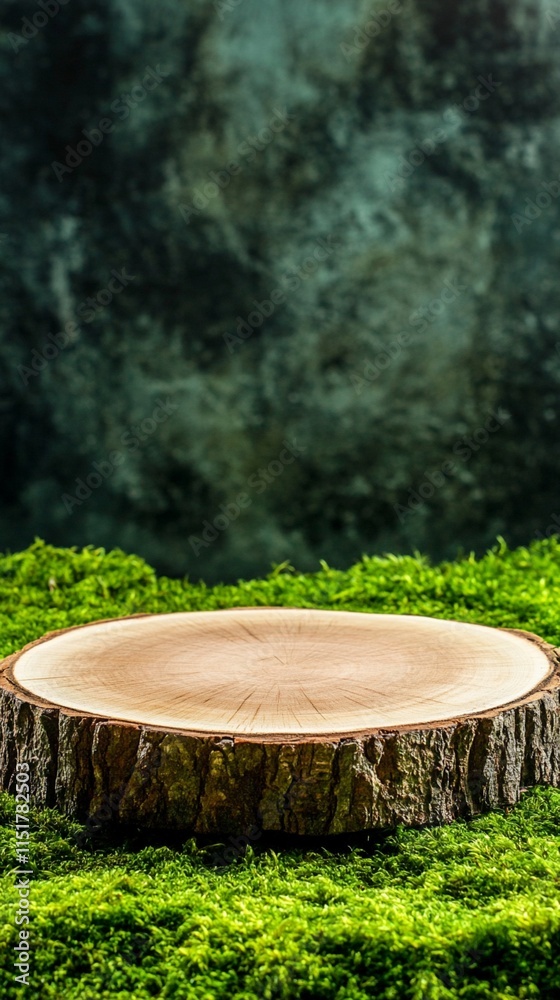 Natural wooden tree stump cross section surrounded by vibrant green moss in forest setting, perfect backdrop for product display or nature-inspired composition. Natural wooden tree stump cross section surrounded by vibrant green moss in forest setting, perfect backdrop for product display or nature-inspired composition.