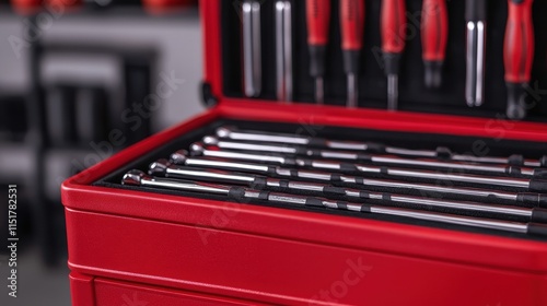 A red tool box with various screwdrivers and tools displayed neatly, emphasizing organization and readiness for repairs or projects.