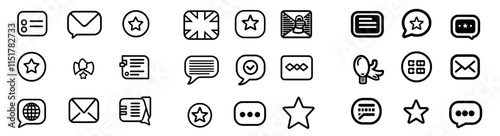 Examine line icons. A large collection of 20 outlined pictograms on a white background. Includes symbols for comments, message chat bubbles, usability evaluation, communication, ratings, and more.