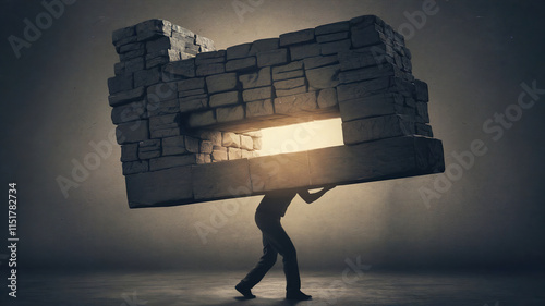 Person in silhouette carrying a large stone block with a glowing window