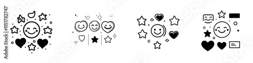 Customer review line icon featuring stars, hearts, and positive emotion smile symbols. Feedback concept icons. Service evaluation, chat sticker, and messenger label. Approval expression labels in