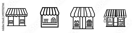 Icon of a market shop. Kiosk, store, and retail graphic pictogram. Street food or cafe concept in a black flat label. Logo representing a commercial marketplace. Modern illustration isolated on