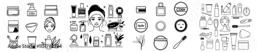 A collection of 20 cosmetology-themed icons. Labels are isolated. Symbols represent beauty therapy, medicine, healthcare, and wellness treatments. Logos for correction, rejuvenation, and anti-aging