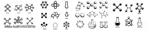 фотографія A set of molecule model buttons featuring icons in both line and glyph styles, suitable for scientific, chemistry, physical, medical, and educational projects