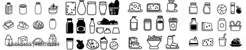 Twenty linear icons of food and drinks in isolation, including dairy products, pasta, sweets, seafood, and other contour logos. Perfect for culinary and cooking themes, suitable for markets, grocery