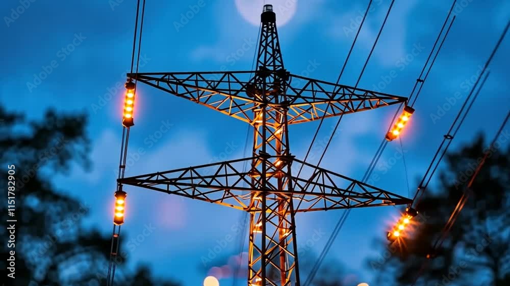A towering electricity transmission structure stands against a twilight sky, its lights glowing vividly. Surrounding trees frame the scene as dusk settles in, creating a striking view