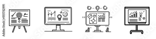 A thin icon for planning, strategy, tactics, or training. This isolated flipchart and plan line sign is a custom modern pictogram in EPS 10 format, designed for web use in outline style on a white