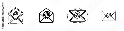 A slender icon representing email, address, and mail or newsletter. This line symbol is an isolated open envelope and email. It's a custom modern pictogram in EPS 10 format for web use, featuring an