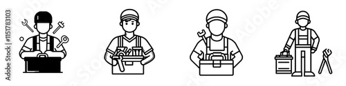 Icon depicting a man in overalls holding a wrench and a toolbox. This line symbol represents car mechanic services and plumbing work. Modern, isolated pictograms for web use on a white background