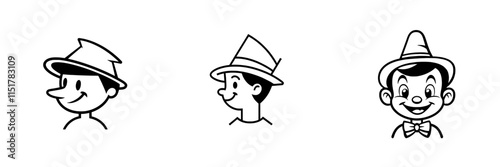 **Thin outline icon of a fairytale character, Pinocchio's face. This line symbol represents deception, lying, roguery, and lies. Modern computer-generated isolated pictograms for web use, with a