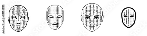 Outline Icon Binary Code and Mask. This Line Symbol Represents Spyware, AI Technology, and Stock Code Errors. Modern Isolated Custom Pictogram for Web and App on White Background with Editable