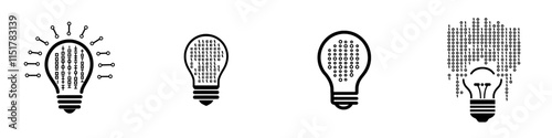 A thin outline icon featuring binary code and a lightbulb. This line symbol represents unexpected results, AI technology, and emergent goals in code. It's a modern, isolated, customizable pictogram