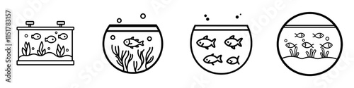 Thin outline icon of a fish home aquarium with fish and algae. This line symbol represents pet supplies and pet accessories. Modern isolated pictograms on a white background with editable strokes.
