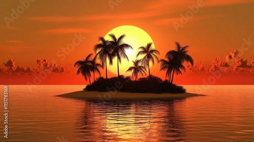 Tropical Island Sunset Palm Trees Ocean Sky