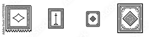 Thin outline icon of a carpet with ornament, viewed from the top. This line symbol represents carpet cleaning for interiors, Peruvian carpeting. Modern isolated pictograms for web, with a white