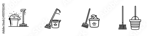 A thin outline bucket and mop symbol, representing floor cleaning, clean, room cleanup, housekeeping, and clean up. This modern, isolated custom pictogram is designed for web and app use on a white