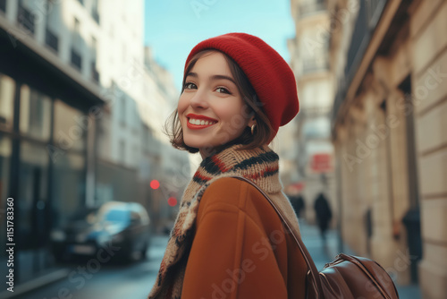 Fototapeta Naklejka Na Ścianę i Meble -  Portrait of young smiling stylish woman in red beret in Paris street