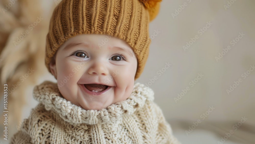A Happy Baby in a Knitted Hat and Sweater A Happy Baby in a Knitted Hat and Sweater