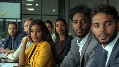 Diverse group of young professionals attending a corporate meeting in modern office space, with woman in striking yellow blazer commanding attention at boardroom table photo