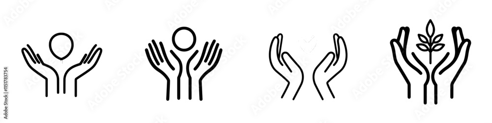 Obraz premium A thin outline icon of two hands holding a figurine or hugging a person, symbolizing compassion, support, protection, and care. This modern, isolated pictogram features a line sign gesture on a white