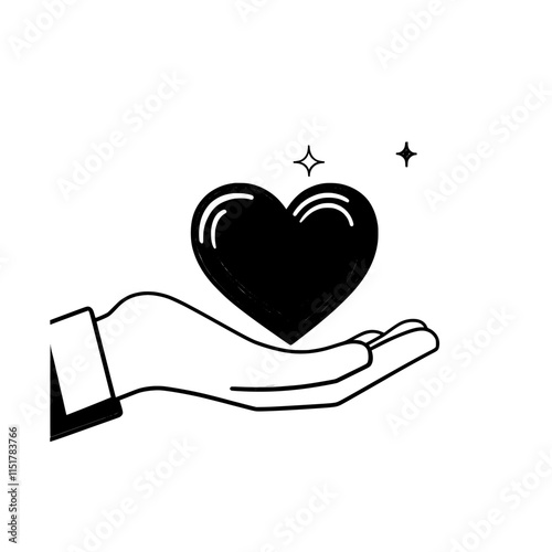 A simple line drawing of two hands holding a heart, illustrating gestures of charity, love, and care, associated with donation or healthcare. Modern isolated pictogram.