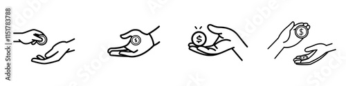A thin outline icon depicts one hand giving a coin to another hand. This line symbol represents charity, donation, contribution, and sponsorship. It is a modern, isolated pictogram on a white