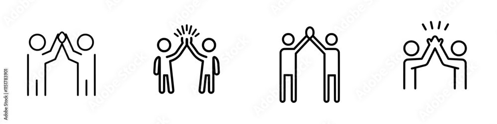 An outline icon of two people high-fiving or holding hands with raised arms, symbolizing friendly greetings, volunteers, teamwork, and support. A modern isolated pictogram. An outline icon of two people high-fiving or holding hands with raised arms, symbolizing friendly greetings, volunteers, teamwork, and support. A modern isolated pictogram.