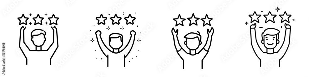 An outline icon representing talent acquisition, employee awards, customer satisfaction, and success. A line sign with three stars above a man raising his hands. Modern isolated pictograms on a white An outline icon representing talent acquisition, employee awards, customer satisfaction, and success. A line sign with three stars above a man raising his hands. Modern isolated pictograms on a white