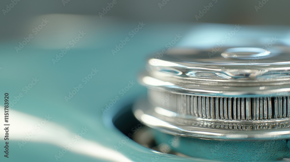 A close-up image of a shiny metallic knob against a turquoise background, showcasing intricate details and textures. A close-up image of a shiny metallic knob against a turquoise background, showcasing intricate details and textures.