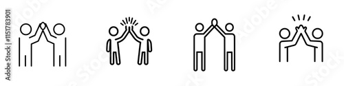 An outline icon of two people high-fiving or holding hands with raised arms, symbolizing friendly greetings, volunteers, teamwork, and support. A modern isolated pictogram.
