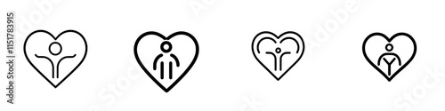 A thin outline icon of a man raising his hand near a heart symbol, representing greeting, goodwill, volunteering, and care. This modern, isolated pictogram on a white background has an editable