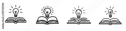 Learning through icons, library knowledge, school education, and wisdom. An open book and a glowing light bulb symbol. Modern isolated web pictograms with editable stroke on a white background.
