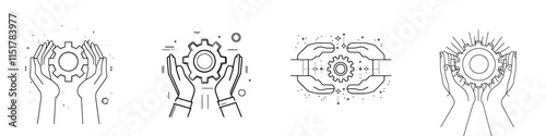 Simple icon representing an easy operation process, maintenance, and engineering. A line sign of two hands holding a gear or cogwheel. Modern, isolated pictogram for web use on a white background