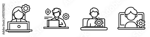 Digital service, online platform, and freelance work outline icon. A man professional working on a laptop with a gear and cogwheel line sign. Modern isolated pictogram for web, editable stroke on a