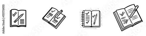 Homework, task list, journal entry, and school education outline icons. Open book and pencil line signs. Modern, isolated pictograms for web and app on a white background with editable strokes.