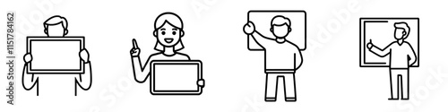 Icon depicting a business presentation, a lesson, a training session, or a speaker outline. It features a man teacher standing by a board, designed for modern web and app use with an editable stroke