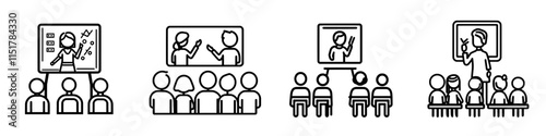 A learning lesson, training session, business presentation, and outline icon. A line sign depicting a teacher addressing a group of students. A modern, isolated pictogram for web and app use on a