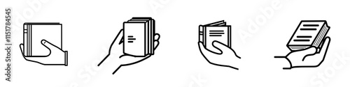 Reading a digital book, handbook guide, information, and school education outline icon. A line sign featuring an open book and a human hand. Modern isolated pictograms for web and app on a white